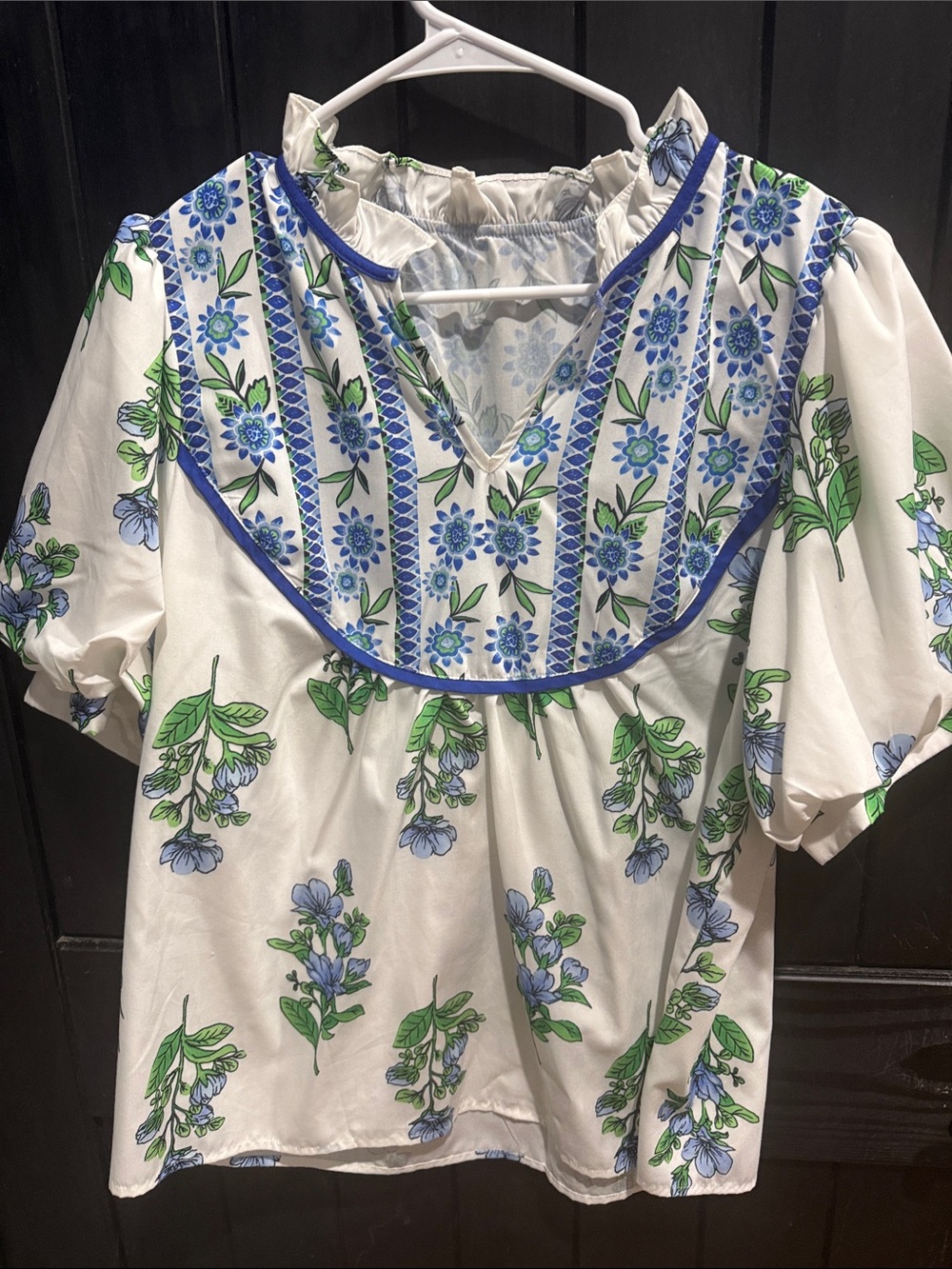 Women's White Floral Peasant Blouse with Blue & Green Print